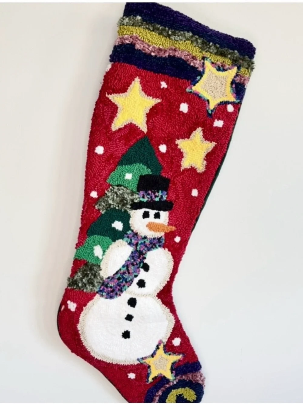 Giant Hooked Wool Christmas Stocking Whimsical Snowman 3 Feet Long